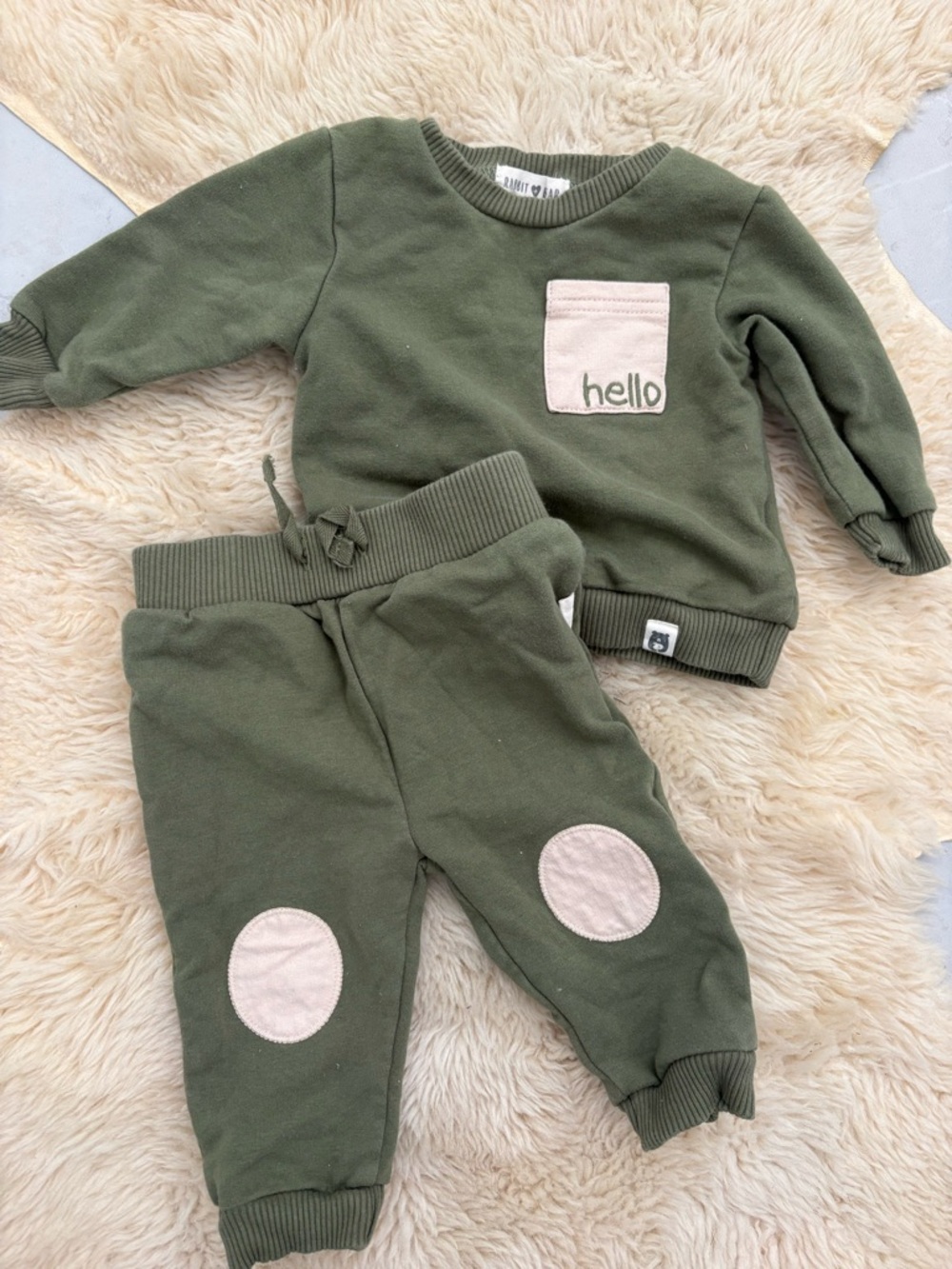 Rabbit Heart Olive set sweater and joggers.